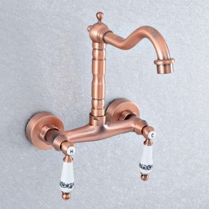 Kitchen Faucets Antique Red Copper Brass Wall Mounted Bathroom Sink Faucet Swivel Spout Mixer Tap Double Ceramic Handles Levers Lsf905