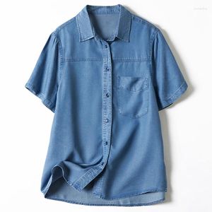 Kvinnors blusar avslappnad avslag krage ficka denim skjorta sommar mjuk korta ärm toppar vintage high street single breasted blus blusa