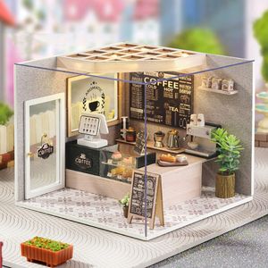 Doll House Accessories Cutebee DIY Dollhouse Kit with Furniture and Light Coffee Shop Miniature Doll House Wooden Model Toy for Adult Birthday Gifts 230422