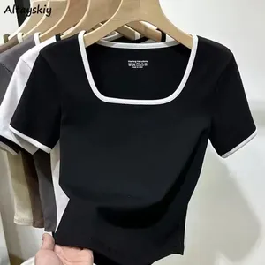 Magliette da donna T-shirt da donna Slim Colletto quadrato Estate Dolce Crop Top Elastico Delicato Ulzzang Studente Giovane Semplice Quotidiano Adolescenti Harajuku