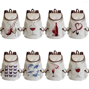 School Bags Wine Glass Printed Large Capacity Fashion Women Backpack Cartoon Drawstring Linen Backpacks For Students Butterfly