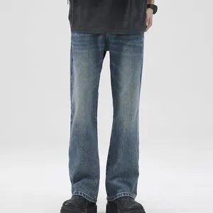 Herr jeans tfetters varumärke våren höst denim byxor för män 2023 blekt mitt stigning tvättade retro blossade amerikaner