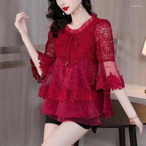 Women's T Shirts 2023 Summer Red Silk Organza Beaded Korean Edition Top Lace Embroidery Fashion Loose Size Small Shirt