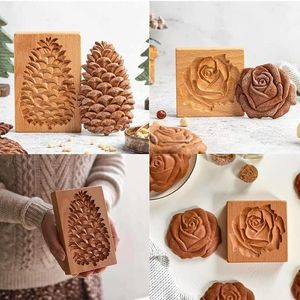 Bakningsformar trä kakor mögel skärare trä pepparkakor mögel tryck 3D -tårta prägling bakmögel rosblomma skärbageri prylar 230421