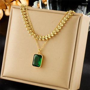 Chains 316L Stainless Steel Hip-hop Emerald Square Stone Pendant With Collarbone Chain Metal Multi-layer Necklace