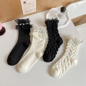 Women Socks Solid Color Black White Lolita Sweet Girls Lacework Ruffles JK Japanese Style Pearl Kawaii Cute Princess