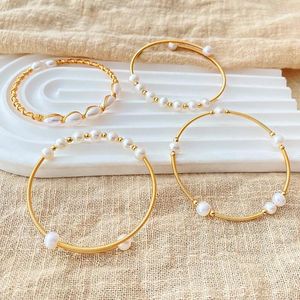 Bangle Allme Dainty 18k Real Gold Plated Brass Twisted Natural Freshwater Pearl Strand Beaded Justerbara armband för kvinnliga kvinnliga