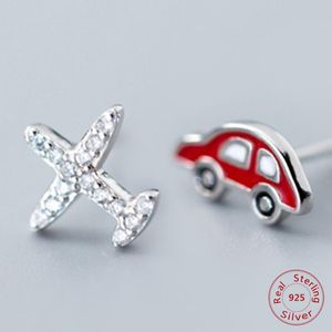 スタッドイヤリングリアル。 925 Sterling Silver Aircraft Airplane Airplane Plane Carの非対称性CZZ手作りのジュエリー2023