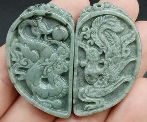 1Pair/2PCS Certified Green Natural Type A Jade Jadeite Dragon Phoenix Pendant
