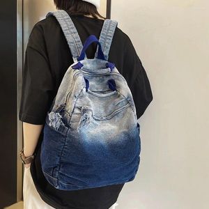 Mochila gradiente lavado saco de lona vintage mulheres denim grande capacidade qualidade unisex viagem escola estudante livro