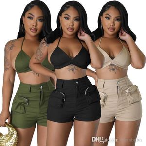 Kvinnliga spårningsdräkter Två stycken Set Designer 2023 Ny Slim Sexy Chest Wrap Pocket Work Shorts Suits 3 färger