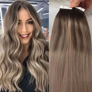 Remy İnsan Saç Uzantıları Balayage Bant Ombre Koyu Kahverengi - Ash Sarışın Görünmez Bant Ins Extension 100g/40 PCS