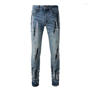 Mäns jeans ankomster målade mörkblå nödställda höga streetwear stretch smala fit graffiti rippade