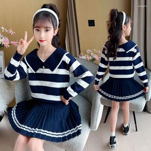 Clothing Sets 3-13 Year Girls Preppy Stripe Sweater Navy Blue Pleated Skirt Suit Baby Kids Clothes Home Toddler Tops