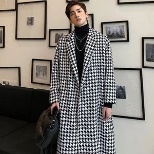 Herrgravrockar Autumn Winter Long Windbreaker Jacka Korean Fashion Thick Temperament Houndstooth Woolen Coat Men's Belt Slim Trench Coat 231121