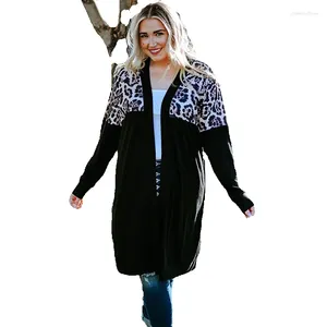 Camiseta feminina leopardo padrão costura tamanho grande comprimento médio camisola de malha para outono e inverno cardigan de manga comprida