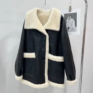 Damen Leder 2023 Echter Shearling Mantel Echtes Lammfell Warme Wolle Winter Double Face Jacke