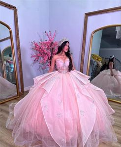 Sweet 16 Pink Princess Quinceanera Dress Sweetheart Crystal Beading Lace Flower Appliques Ball Gown Mexi Vestidos De 15 Anos