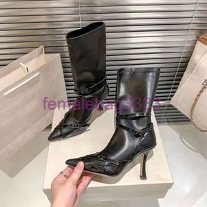 Borse da sera Cagole Stivali firmati Donna Inverno Nero Stivale al ginocchio Fibbia con borchie Decorato Punta a punta Tacco a spillo sexy Stivaletti alti in vera pelle scarpe firmate