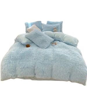 Bedding sets Winter Blue Long Hair Duvet Cover Set Warm Bedding Linen Home Texitle Queen Cystal Flannel Fleece Bedcloth 220*240 Dropship 3pcs 231122