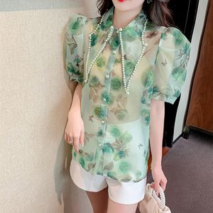 Women's Blouses & Shirts Summer Diamond Point Collar Render Print Organza Shirt Sleeve Single-Breasted Slim Chiffon TopsWomen's