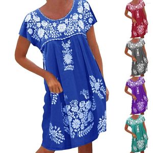 Sıradan elbiseler kadınlar sallanıyor etnik yaz plajı sundress tatil boho midi elbise mürettebatı boyun tunik