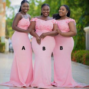 Blush Rosa Africano Vestidos de Dama de Honra Appliqued Lace Frisado Sereia Pena Elegante Vestido de Convidado de Casamento Meninas para Noiva Nigéria Vestidos de Festa Formal B149