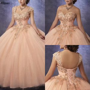 Cristais brilhantes princesa quinceanera vestidos querida renda apliques com alças destacáveis vestidos de baile de baile saia de tule inchado plus size doce 15 16 vestido cl2962