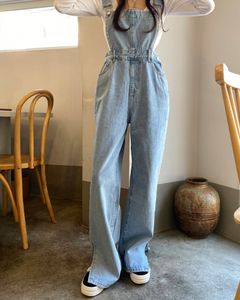 Women's Jeans South Korean ins fashion and age reduction cute sister deduce girl wind light denim suspenders wide leg slit trousers female 230422