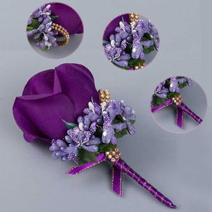 Inne akcesoria modowe nowe ślubne boutonniere flowe corsage pin Mariage Groom Prom Purple Rose Boutonniere for Prom Men Suit broszka para hombre diy J230422