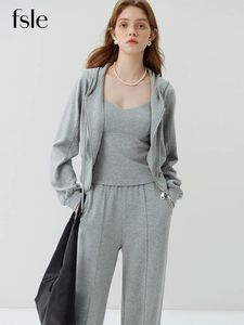 Calças femininas de duas peças FSLE Light Grey Mulheres Hoodie Jaqueta Calças Define Casual Cordão Elástico Cintura Reta Perna Calça de comprimento total