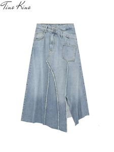 Moda saia jeans para senhoras verão feminino retalhos split lightblue saias assimétricas cinto de cintura alta midi roupas