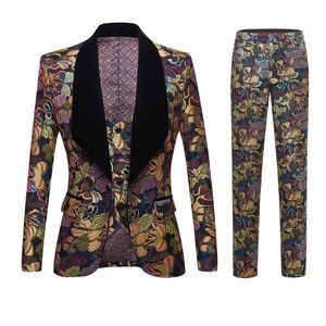 Men's Suits & Blazers Foreign Trade Style European And American British Suit Three-piece Plant Flower Gold Silk Jacquard Host Dres