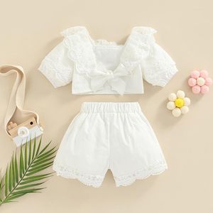 Giyim setleri 2pcs bebek kız pantolon takım elbise yaz doğumlu bebek gündelik katı beyaz v yaka dantel etek kısa kol üstleri elastik bel şortları