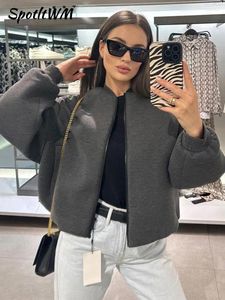 Women's Jackets Loose Grey Wool Blends Short Coat Women Solid Long Sleeve Oversize Zipper Bomber Jacket 2023 Autumn Casual Warm Cropped