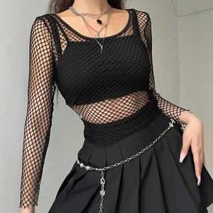 Women's T-Shirt Sexy Black Hollow Out Mesh T-Shirt Female Skinny Crop Top New Fashion Summer Basic Tops For Women Fishnet Shirt P230328