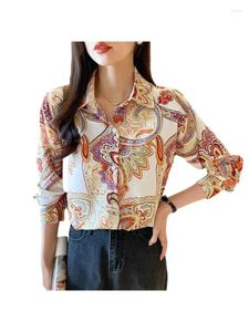 Kadın Bluzları 2024 Moda Altın Çiçek Baskı Kadın Bluz Üstleri Yaz Kadın Dönüş Uzun Kollu Düğme OL İş Giyim Gündelik Gömlekler