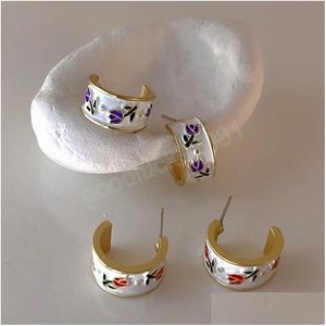 Hoop Huggie Korean Fashion Vinatge Flower Matte Circle Earrings For Women Girls Cute Round Glaze Pendientes Jewelry Drop Delivery Dhwvu