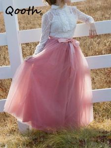 Skirts Qooth Women 7 Layer 100cm Party Tulle Ball Gown Skirt Banquet Wedding Faldas Mujer Elastic Waist Bow Tie Belt Tutu QT2178