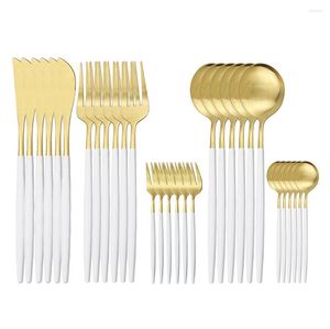 Dinnerware Sets 30Pcs Matte White Gold Tableware Set Stainless Steel Cutlery Knife Spoon Fork Kitchen Flatware