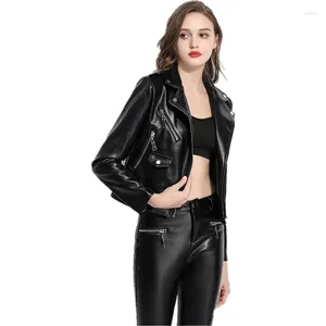 Damen Leder PU Jacke für Frauen 2023 Herbst Winter Mode Schwarz Kurze Schlanke Revers Motorrad Biker Faux Jacken Mantel outwear