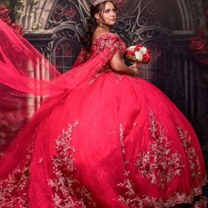 Czerwona błyszcząca suknia balowa 15 -letnie sukienki Quinceanera 2024 z opakowaniem 3D kwiaty aplikacje koraliki podłogowe Długość urodzinowa sukienka urodzinowa