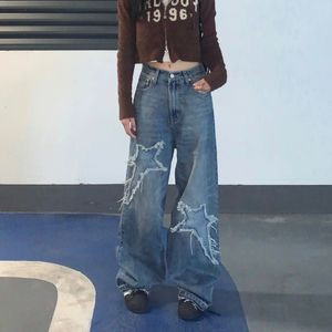 Kvinnors jeans stjärna broderi baggy jean kläder high street vintage tvättad gammal midja kvinna casual råa kvinnor 230422