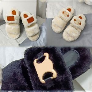 Celins Women Fur Slides Triomphe In Shearling Beige Nude Wool leather open toed slippers