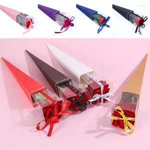 Present Wrap Triangular Cone Shaped Rose Flower Box Single Floral Bouquet Packing Valentine's Day Girl Friend Mors födelsedag