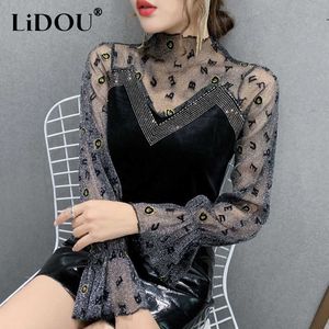 Women's T-Shirt Spring Summer Stand Collar Sexy Hollow Out Bronzing Lace T-shirt Female Long Sleeve All-match Mesh Pullover Tee Women's Clothing P230328