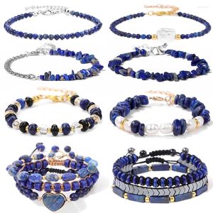 Charme pulseiras lapis lazuli frisado pulseira azul pedra natural ajustável mediação cura pulseira jóias presentes para mulheres homens