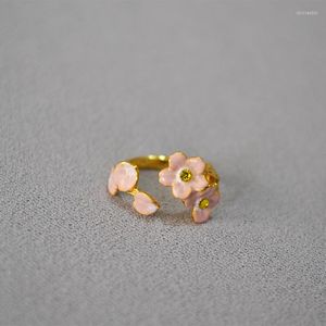 Klusterringar japansk pastoral stil vår och sommarrosa droppglasyr emalj Cherry Blossom söt öppen justerbar ring pekfinger