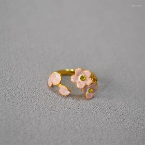 Anelli a grappolo Stile pastorale giapponese Primavera ed estate Smalto a goccia rosa Smalto Fiore di ciliegio Anello dolce aperto regolabile Indice