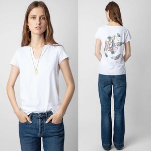 24 Tidig vår Zadig Voltaire Ny nischkvinnor Designer T-shirt Pullover Slim Classic Back Skull Butterfly Hot Diamond U-hals Simple Cotton Cortile Short Sleeve Tee